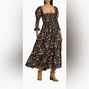 DOEN Bijou Printed Cotton Smocked Midi-Dress NWOT